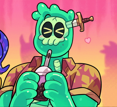 a green cartoon character with a sword in his head