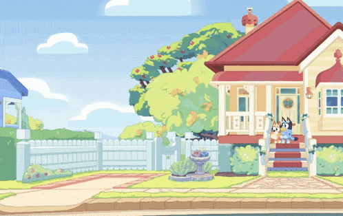 a cartoon drawing of two dogs walking in front of a house