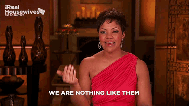 a woman in a red dress says we are nothing like them in front of a real housewives logo