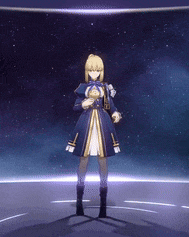 a girl in a blue and gold dress is standing in front of a purple background