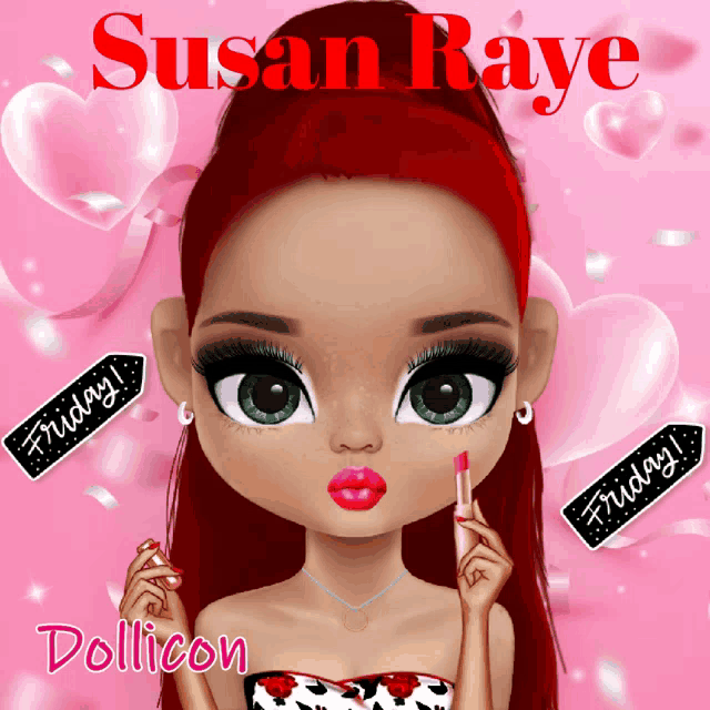 a doll with red hair is holding a lipstick and says susan raye dollicon on the bottom