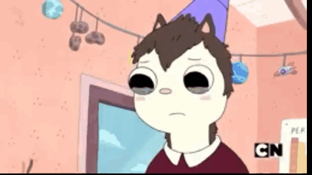 a cartoon character is crying in a room with a cn logo on the bottom right corner .