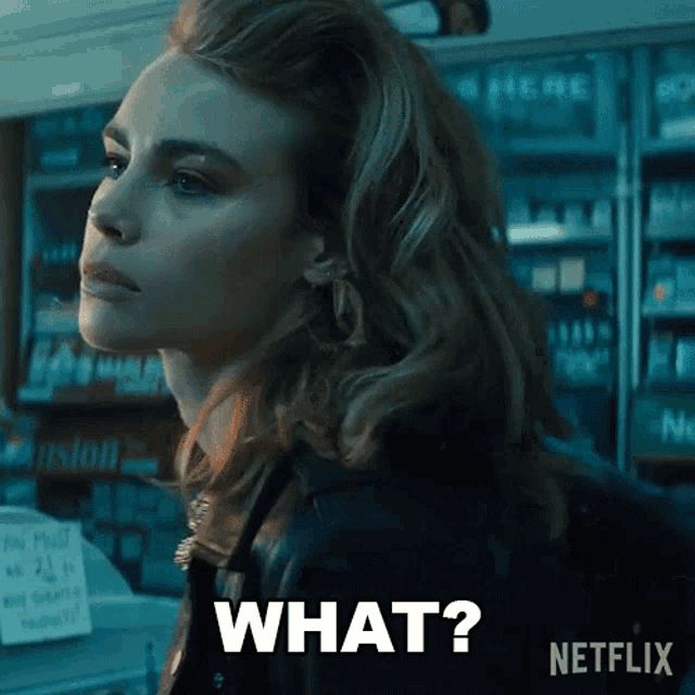a woman in a black leather jacket is asking what netflix