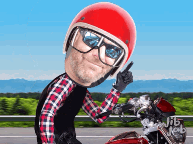 a caricature of a man wearing a red helmet and sunglasses