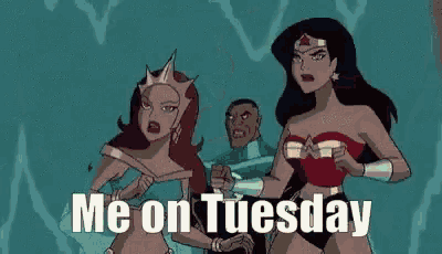 a group of cartoon characters are standing next to each other with the words `` me on tuesday '' written on the bottom .