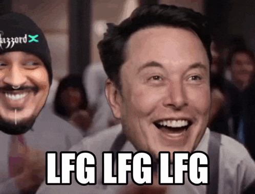 elon musk is smiling with the words lfg lfg lfg
