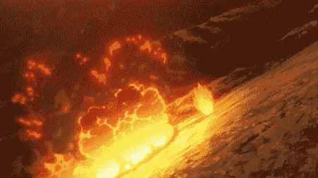a painting of a volcano erupting with a lot of flames coming out of it .