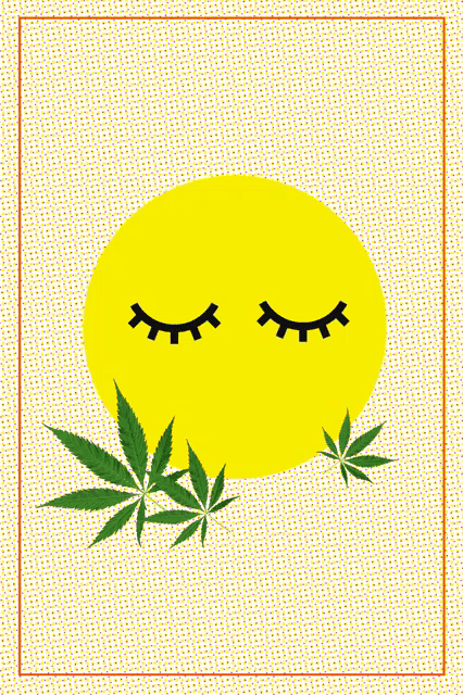 a yellow circle with eyes and marijuana leaves on a white background