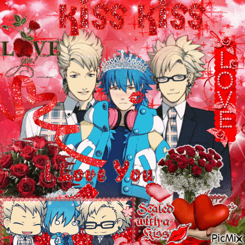 a collage of anime characters with the words kiss kiss love you