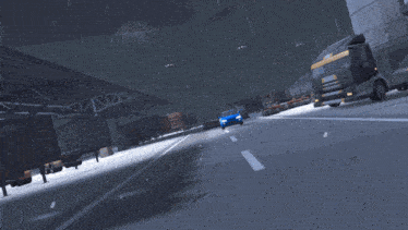 a blue car is driving down a road in front of a building that says xyz logistic on it