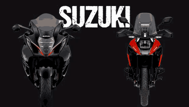 a black suzuki motorcycle is next to an orange suzuki motorcycle