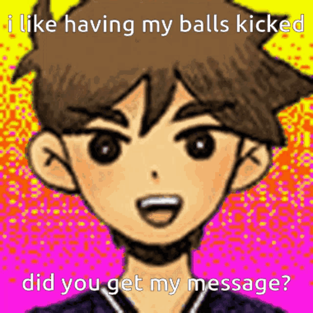 a cartoon of a boy with the words " i like having my balls kicked "
