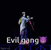 a video game character is dancing with the words evil gang written on the bottom
