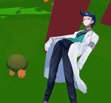 a man in a white coat stands next to a turtle