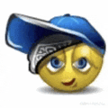a smiley face is wearing a blue hat and a bandana .