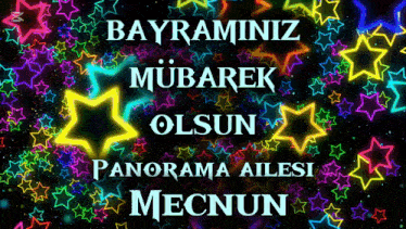 a colorful background with the words bayraminiz mubarek olsun panorama ailesi mecnun on it