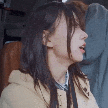 a woman with long dark hair is sitting in a car