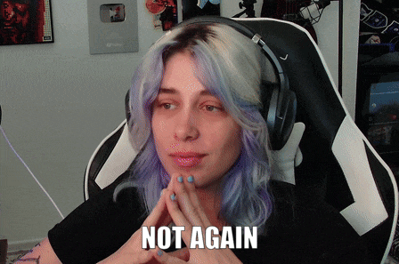 a woman with purple hair is wearing headphones and has the words not again on her face