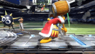 a cartoon character is holding a hammer in front of a sign that says nc state