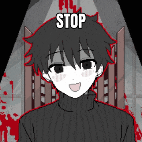 a pixel art drawing of a boy with the word stop written on his head