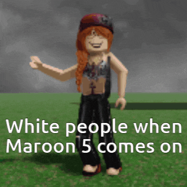 a girl with red hair is standing in a grassy field with the words white people when maroon 5 comes on