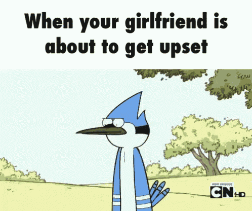 a cartoon of a raccoon with the words " when your girlfriend is about to get upset "