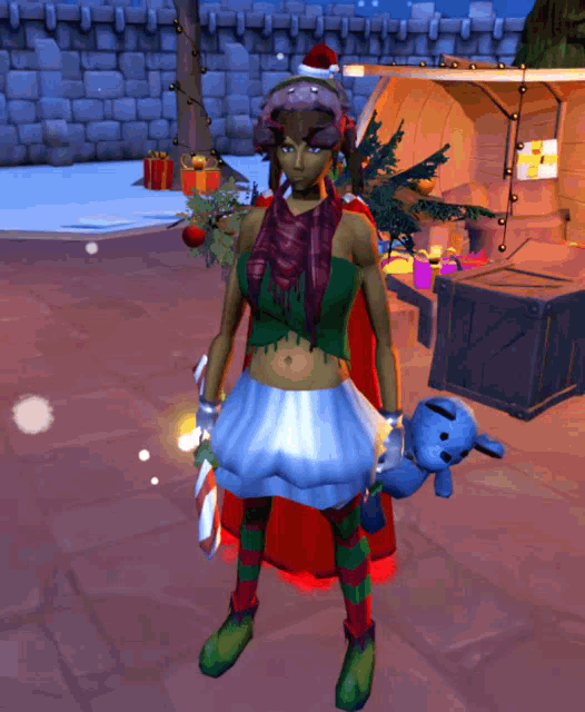 a woman in a christmas outfit holds a stuffed animal