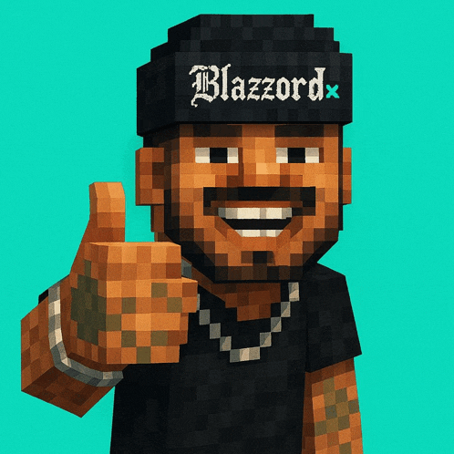 a pixelated man giving a thumbs up wearing a black beanie that says blazzard