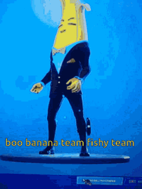 a cartoon character in a tuxedo with the words boo banana team fishy team