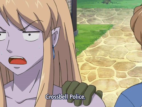 a cartoon character says crossbell police on the bottom of her face