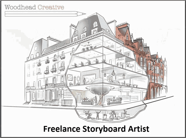 a drawing of a building with the words woodhead creative at the bottom