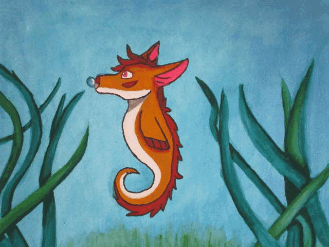 a drawing of a seahorse with a fox 's head