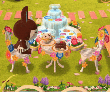 a cartoon character sits at a table with flowers and a cake on it