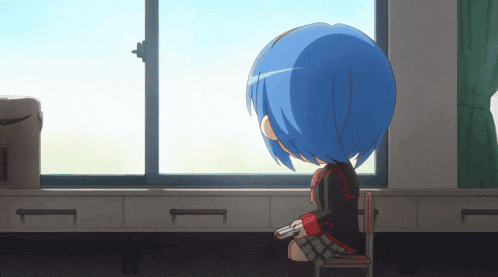 a girl with blue hair sits in a chair looking out a window