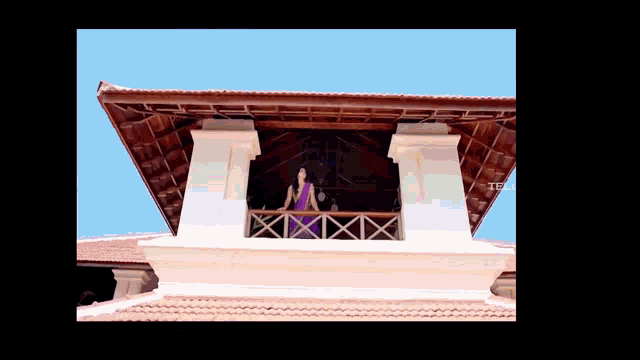 a woman in a purple dress is standing on a balcony with the letters ts on the bottom