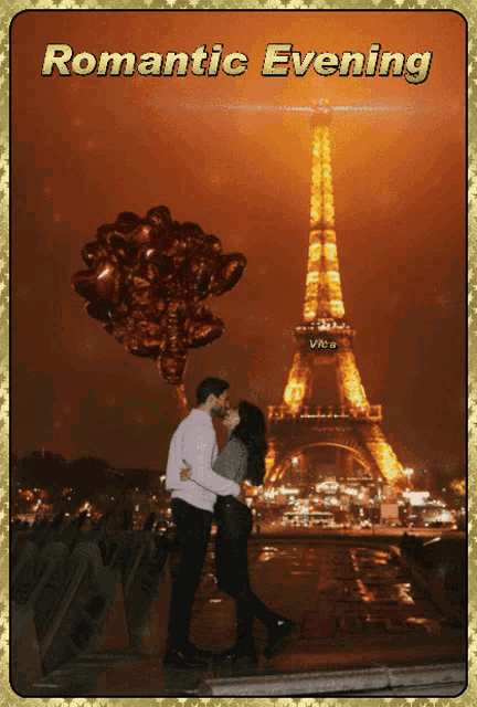 a couple kissing in front of the eiffel tower with the words romantic evening below them