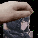 a hand is holding a picture of a girl with a gun in a pixel art style .