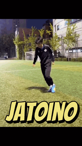 a man is kicking a soccer ball on a field and the word jatoino is on the bottom