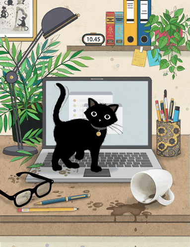 a black cat standing in front of a laptop with the time 10:45 on the clock