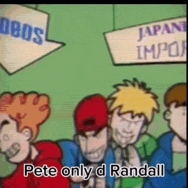 a group of cartoon characters are standing in front of a sign that says " japan import "