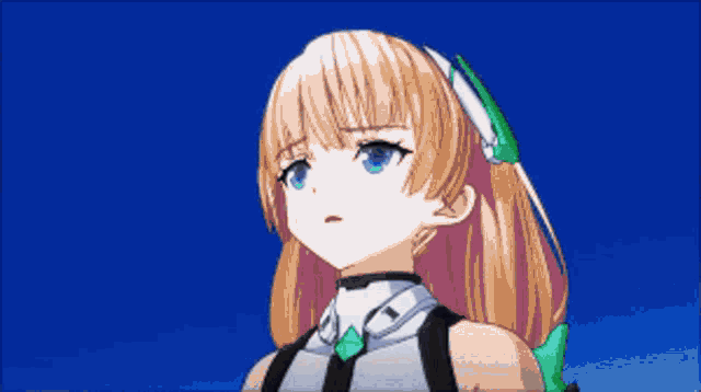 a girl with blonde hair and blue eyes is holding a green object in her hand
