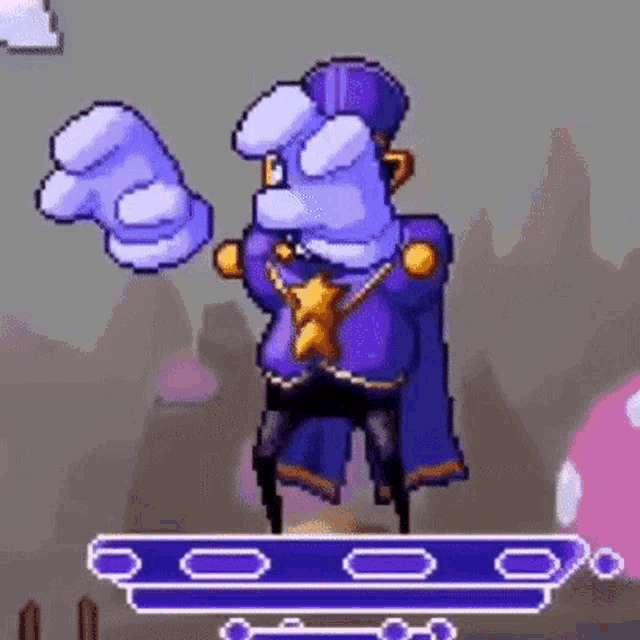 a pixel art of a man in a purple suit and cape standing on a platform in a video game .