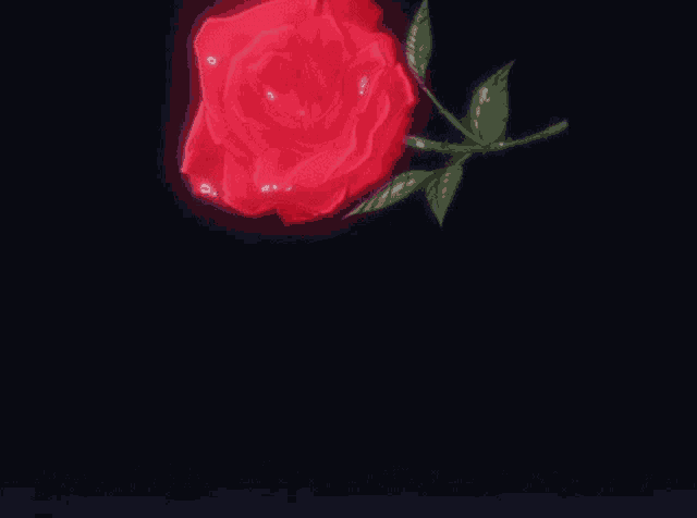 a glowing red rose with green leaves on a black background