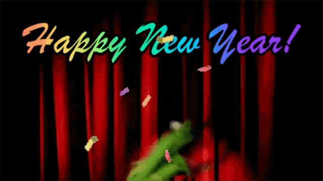 kermit the frog is dancing in front of a red curtain with the words happy new year