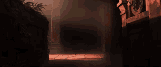 a dark room with a clock on the wall and a few plants