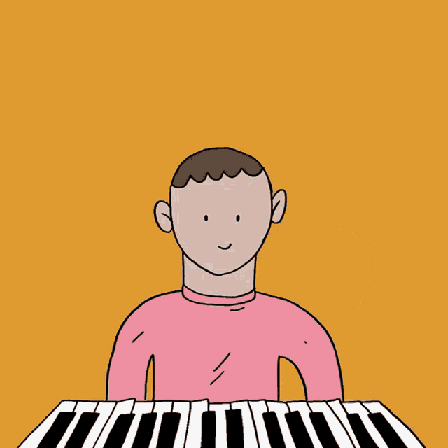 a cartoon of a man playing a piano with a musical note on his arm