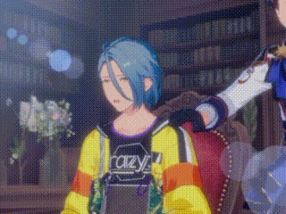 a person with blue hair is wearing a yellow shirt that says crazy