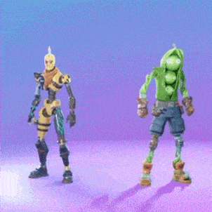 two cartoon characters are dancing together on a purple background .