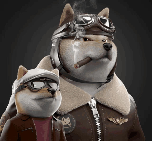 a dog wearing a helmet and goggles smoking a cigar next to another dog