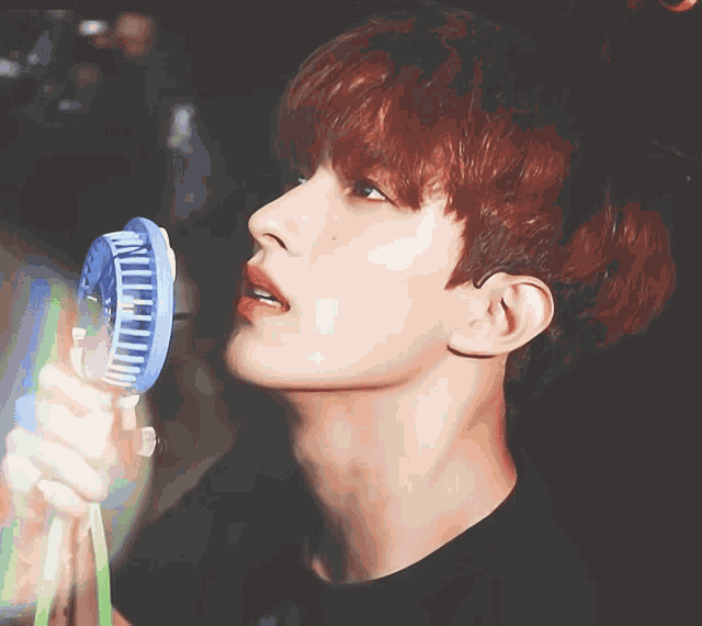 a close up of a person holding a fan